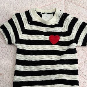 Zara Black & White Striped Knit Top with Red Heart Patch